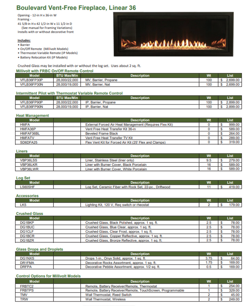 Empire Boulevard Intermittent Pilot with Thermostat Variable Remote Control Contemporary 36" Linear Vent-Free Fireplace - VFLB36FP90