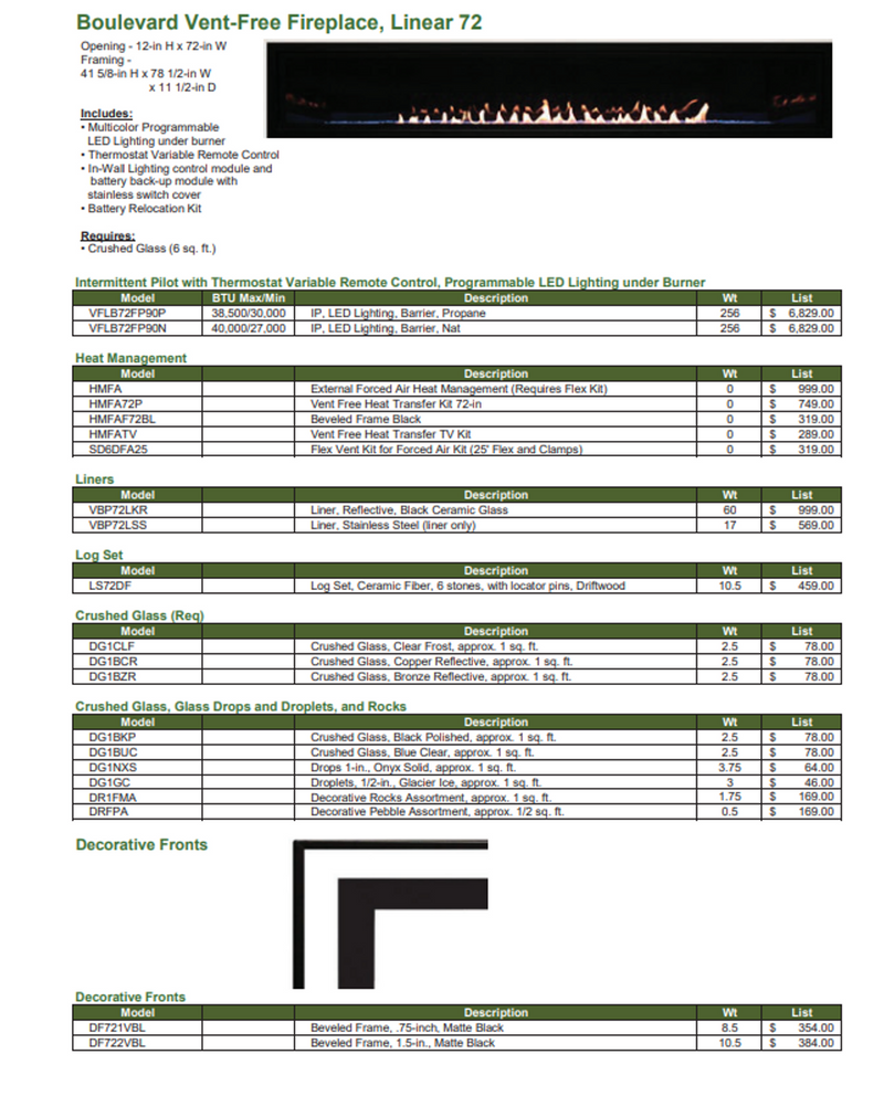 Empire Boulevard Vent Free 72" Fireplace - VFLB72FP90